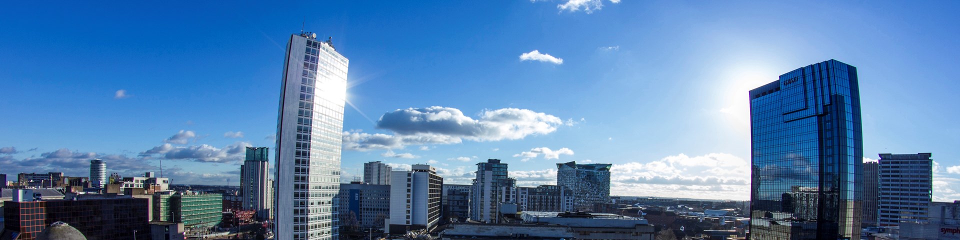 Sunny image of Birmingham city showing skyscrapers